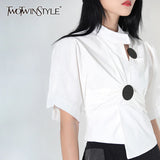 TWOTWINSTYLE White Casual Cut Out Shirts Female Irregular Collar Short Sleeve Asymmetrical Korean Fashion Woman Blouses 2022