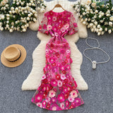Fongt High-End Elegant Heavy Industry Flower Embroidery Round Collar Lantern Sleeves To Close The Waist Slim Slimmed Fishtail Dress Dress
