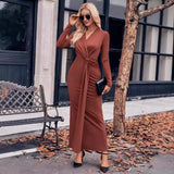 Fongt New 2024 Women's V-Neck Solid Color Kink Waist Long-Sleeved Dress-Outfit
