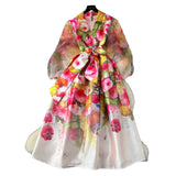 Fongt 2025 Court Wind V Tie Belt Belt Belt Belt Lantern Sleeve Print Thin Long Dress