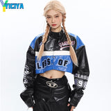Bomber Woman Varsity Jacket Detachable Black Oversize Racing Motorcycle Leather Baseball Jacket Long Sleeves Coat