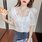 Summer V Neck Lace Shirt Fashion Short Sleeve Ruffle Stitching Sweet Women Tops with Suspenders Korean Crochet Blouse