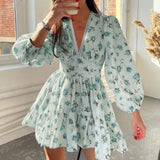 Fongt Women's Temperament Sweet Broken Flower High Waist Repair V Collar Short Long Sleeve Dress