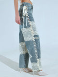 Fongt Style Hot Lace Spliced Straight Jeans Women's Summer Strap Design Prints Denim Trousers
