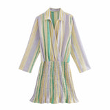 Women Retro Elegant Casual Stripe sSitching Print Dresses Spring Autumn Slim Mini