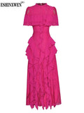 Fashioin 2024 Summer New Designes Hollow Out Ruffled Evening Dresses For Women O Neck Short Sleeve Party Maxi Dress TH4485-Outfit