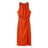 Fongt 2025 New Women's Clothing Collar With No Sleeves Folds Decor Dress