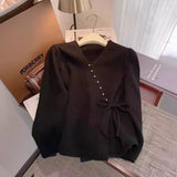 Oblique Button V-Neck Sweater Girls 2024 Spring New Design Super Good-Looking Loose Rope Knitted Cardigan-Outfit