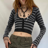 Fongt Women's Hottie Style Stripe Bumpy Body-Clamy Short U-Neck Buckle Long-Sleeved T-Shirt Top