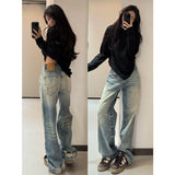 Fongt Blue Hole Wide Leg Jeans Women's Spring 2025 New Design Feeling Loose Straight Trousers