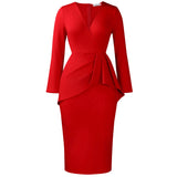 Fongt Women's 2025 Autumn/Winter Fashion V-Neck Long Sleeves Solid Colored Flawed Buffet OL Tongle African Dress