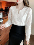 Sleeve Sweet Lace Blouse O Neck Women Femme Blusas White Button Loose Top Hollow Out Flower Lace Patchwork Shirt