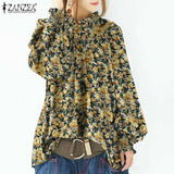 ZANZEA Elegant Long Puff Sleeve Party Shirt Women Stylish Floral Printed Blouse Spring Ruffles Blusas Casual Work
