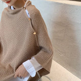 Women Versatile Knitted Scarf Solid Wraps Poncho Sweater with Buttons Autumn Winter Warm Shawl Cape