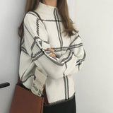 Sweater Women High Collar Plaid Pullover Full Sleeve Sweater Rabbit Velvet Sweater
