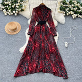 Fongt Fashionable Dress Women's French Nail Polish Brighten Embroidery V Collar Long Sleeve Leopard Print Elegant Long Dress