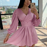 Sexy Sashes Satin A Line Mini Dress Deep V Neck Front Cross Lantern Sleeve Drawn Back Casual Dress 2021 New Women