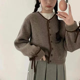 Fongt Retro Simple Temperament Knit Cardigan Female Sleeve Lace Spell Color Edge Single Breasted Soft Waxy Long Sleeve Jacket-Outfit