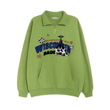Green Cute Cow Embroidery POLO Shirt Sweatshirt Half Zipper Loose Casual Students Girls Pullover Kawaii Clothes