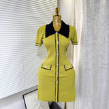Fongt Retro Trendy Polo Collar Short-Sleeved Dress Women's Summer Metal Buckle Waist Thin Knitted Skirt