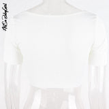 Top White Top Women Short Sleeve Tees Summer Clothes Slim Square Neck T-Shirt Knit Top Sexy Solid Streetwear Y2K Crop