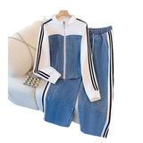 Fongt Zippered Cowboy Splicing Two Sets Of Spring And Autumn 2025 New Cowboy Splicing Long Sleeve Tops Wide Leg Trousers