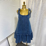 Fongt Hot Summer New Fashion Splicing Sling Strap A-Word Denim Dress Skirt