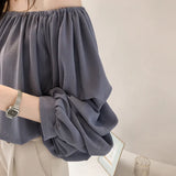 Fongt New Korean Version Of Temperament Word-Collar Shoulder Chiffon Shirt Women Loose Bubble Tops Thin Solid Color Bottom Shirt