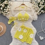 Fongt Vacation Wind Knitting Tie Belt Bikini Suit Female Summer Floret Design Sense Small Minority Milk Sweet Pure Desire Three-Piece Set-Outfit