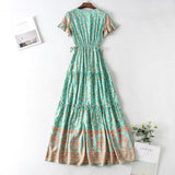 BOHO Covered Button V neck Floral print Bohemia Dress Summer Ethnic Woman Short Sleeve Tie Bow Strappy Maxi Long