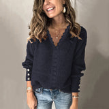 Fongt 2025 New Lace V-Necked Jacket Sweater Lady Loose Long-Sleeved Solid-Colored Sweater
