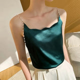 Silk Acetate Beading Solid Halter Top Pearl Spaghetti Camis Backless Elegant Fashion Office Lady Women's Tank