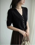 Pearl Button Knit Tops Women Candy Color V-neck Summer Tshirts V-neck Half Sleeve Tee Slim Knitwear Jumper Casual