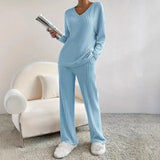 Fongt Sets Of Women 2025 Autumn New Fashion Casual Straight Pants Temperament Loose V Collar Pit Knitting Sleeve