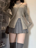 Simple Off Shoulder Slim Fit Knitted Pullover+ Y2k E-Girl High Waist Ruched Skirts 2024 Autumn New Two Piece Sets-Outfit