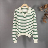 New 2021 Women Autumn Winter Sweaters Wool Knitted Elegant Striped Vintage Fashionable Pullovers Lady Tops