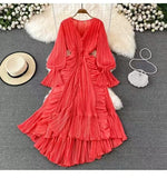 Fongt Fairy Seaside Holiday Chiffon Dress Female Lotus Lace V Collar Temperament Folded Waist Thin Swing Dress