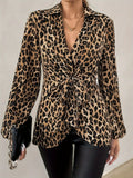 Fongt Top 2025 Spring New Leopard Print Tie With V-Neck Temperament Long-Sleeved Shirt