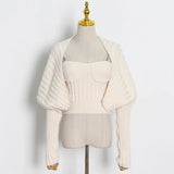 Casual Knitted Women's Suit Square Collar Sleeveless Top Solid Long Sleeve Coat Slim Two Piece Set Women 2021
