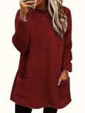 Fongt Women's Autumn And Winter New Long-Sleeved Round-Neck Casual Loose Plush Wear Pocket Top Woman