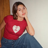Basic Cherry Heart-Shaped Printed Round Collar Slim Red Short-Sleeved T-Shirt New Spring / Summer 2024 Style-Outfit