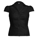 Fongt Style Organ Folds Solid Color POLO Collar Short-Sleeved Shirt To Close Short Buckle Umbilical Top