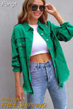 Holes Raw-edges Denim Jacket Women Spring Autumn Shirt Style Jeancoat Casual Top Rose-Red Orange Purple Outerwear Lady