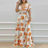 Fongt New Women's Temperament V-Neck Waist-Print Dress Fashion Dress
