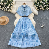 Fongt Belt Dress 2025 Summer To Collect Thin Temperament French Retro Short-Sleeved Print Dress