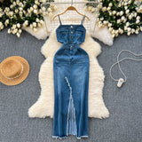 Fongt Port Style Vintage Denim Dress Design With A Long Sling Dress In The Fork