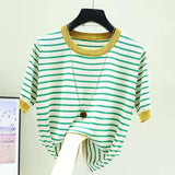 Striped T Shirt Women Tee Shirt Femme Summer Thin Ice Silk Knit T-Shirts Short Sleeve Womens Clothing Camisetas