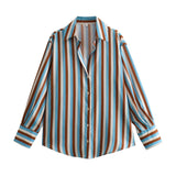 Fongt Women's Clothing In Autumn 2025 20 Color Buff Silk Densate V Collar Long-Sleeved Striped Vertical Shirt