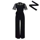 Fongt Women's Sexy Lace Lace Hollow Short-Sleeved Strap High-Waisted Broad-Legged Jump-Legged Jumpsuit