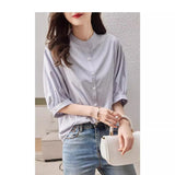 Fongt Summer New Five-Sleeve Casual Temperament Striped Shirt Women Short Sleeve Loose Thin Round Collar Shirt